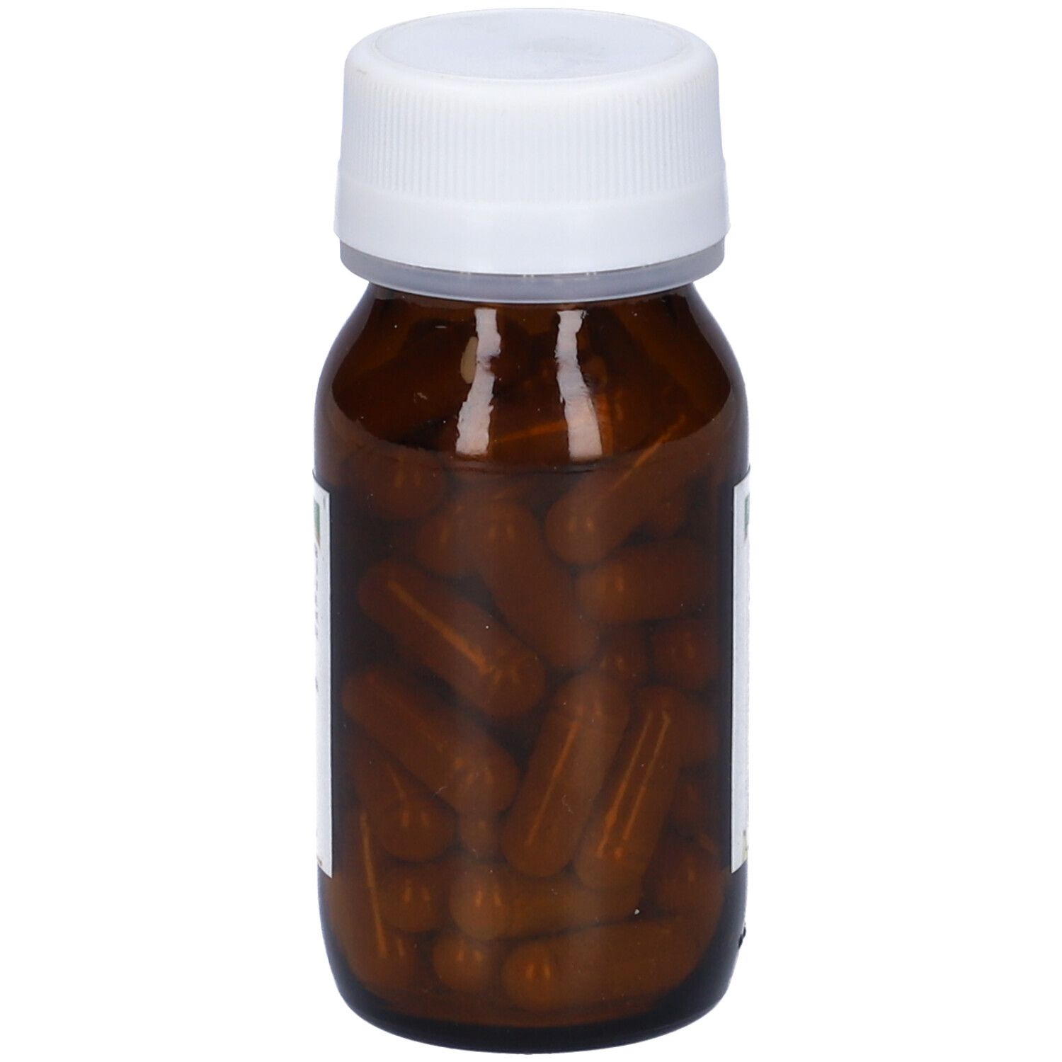 Flacone di vetro marrone con tappo bianco. Visibili capsule marroni all'interno del flacone.