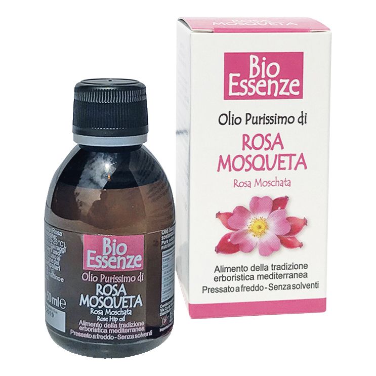 Flacone e confezione di Bio Essenze Olio Di Rosa Mosqueta. Scritta: Olio Purissimo di Rosa Mosqueta. Rosa Moschata.