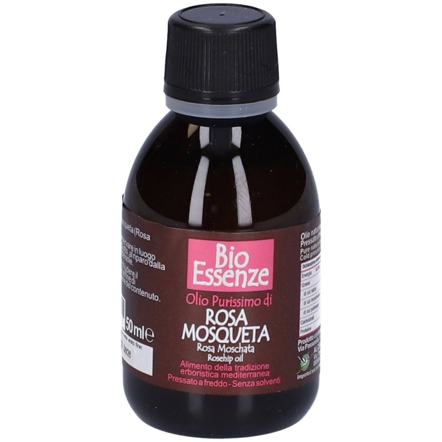 Flacone di Bio Essenze Olio Di Rosa Mosqueta. Scritta: Olio Purissimo di Rosa Mosqueta. Rosa Moschata. Tappo nero.