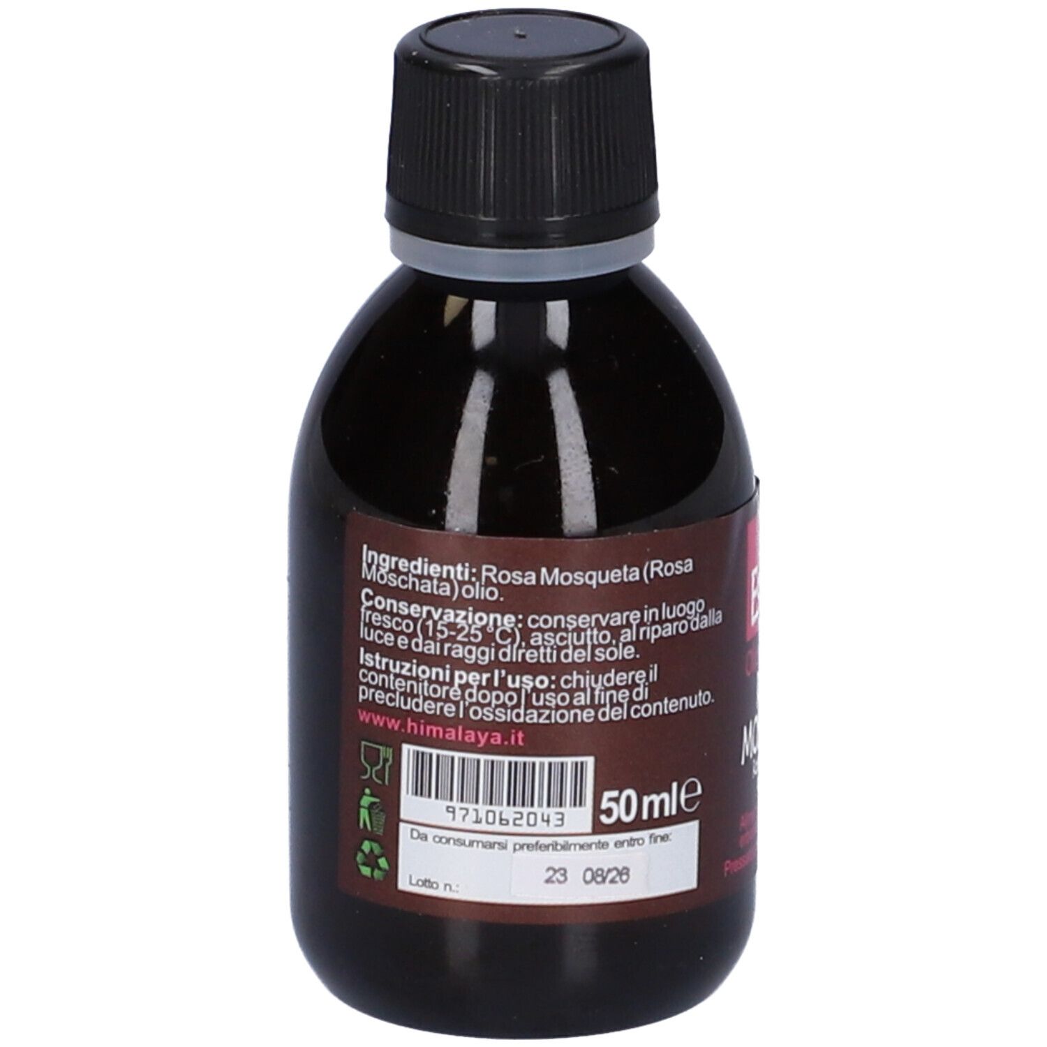 Flacone di Bio Essenze Olio Di Rosa Mosqueta. Scritta: Olio Purissimo di Rosa Mosqueta. Rosa Moschata. Retro con testo.
