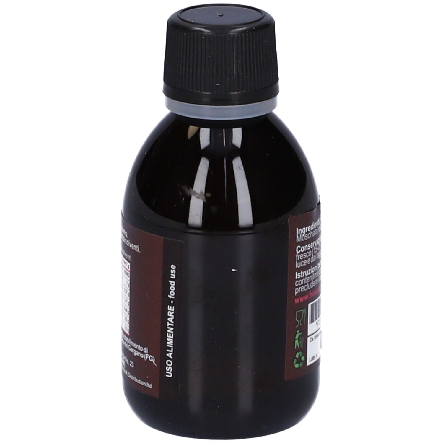 Flacone di Bio Essenze Olio Di Rosa Mosqueta. Scritta: Olio Purissimo di Rosa Mosqueta. Rosa Moschata. Retro con testo.