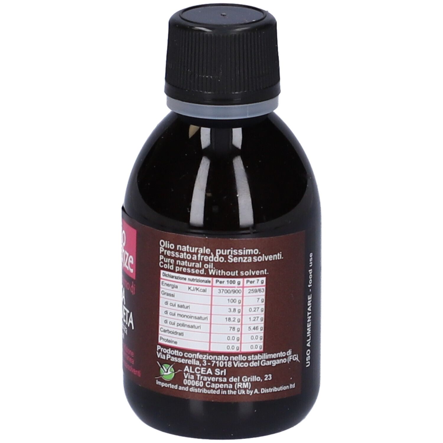 Flacone di Bio Essenze Olio Di Rosa Mosqueta. Scritta: Olio Purissimo di Rosa Mosqueta. Rosa Moschata. Retro con testo.