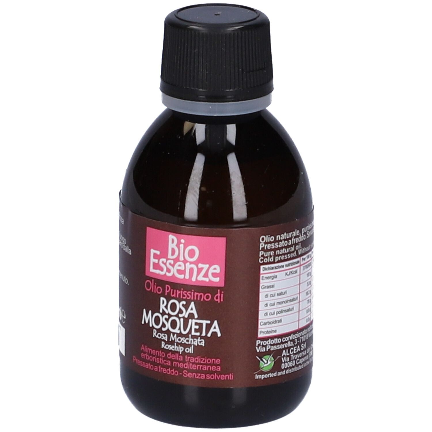 Flacone di Bio Essenze Olio Di Rosa Mosqueta. Scritta: Olio Purissimo di Rosa Mosqueta. Rosa Moschata. Retro con testo.