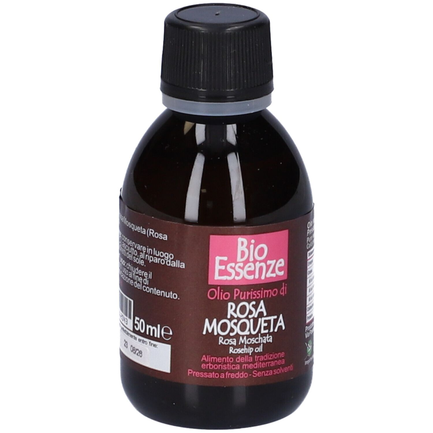 Flacone di Bio Essenze Olio Di Rosa Mosqueta. Scritta: Olio Purissimo di Rosa Mosqueta. Rosa Moschata. Retro con testo.