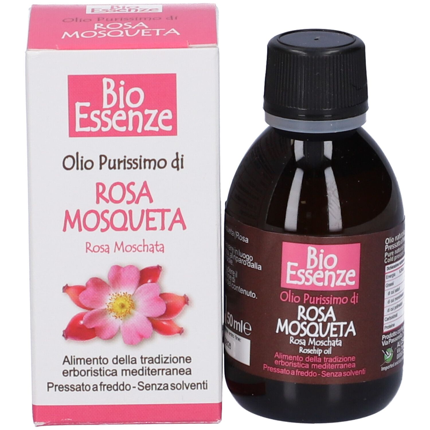 Flacone e confezione di Bio Essenze Olio Di Rosa Mosqueta. Scritta: Olio Purissimo di Rosa Mosqueta. Rosa Moschata.
