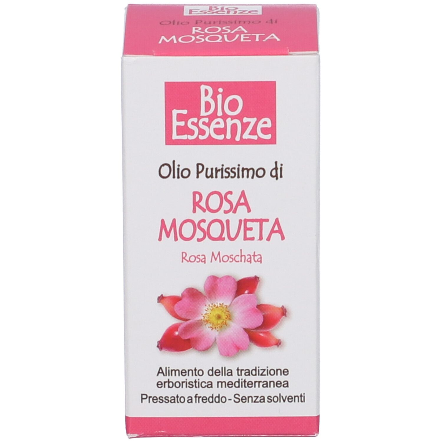Confezione di Bio Essenze Olio Di Rosa Mosqueta. Scritta: Olio Purissimo di Rosa Mosqueta. Rosa Moschata. Immagine di un fiore.