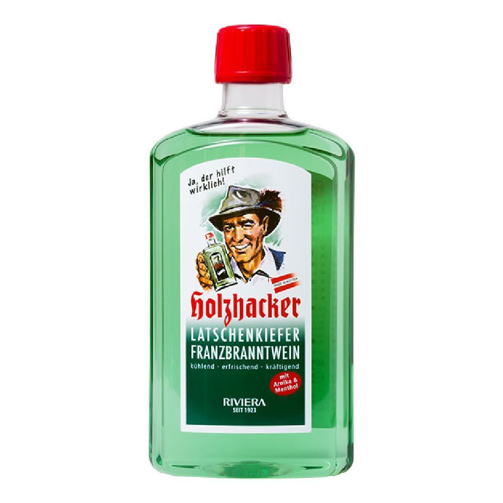 Liquido verde in bottiglia con tappo rosso. L'etichetta mostra un uomo con un cappello. Testo: Holzhacker, Riviera.
