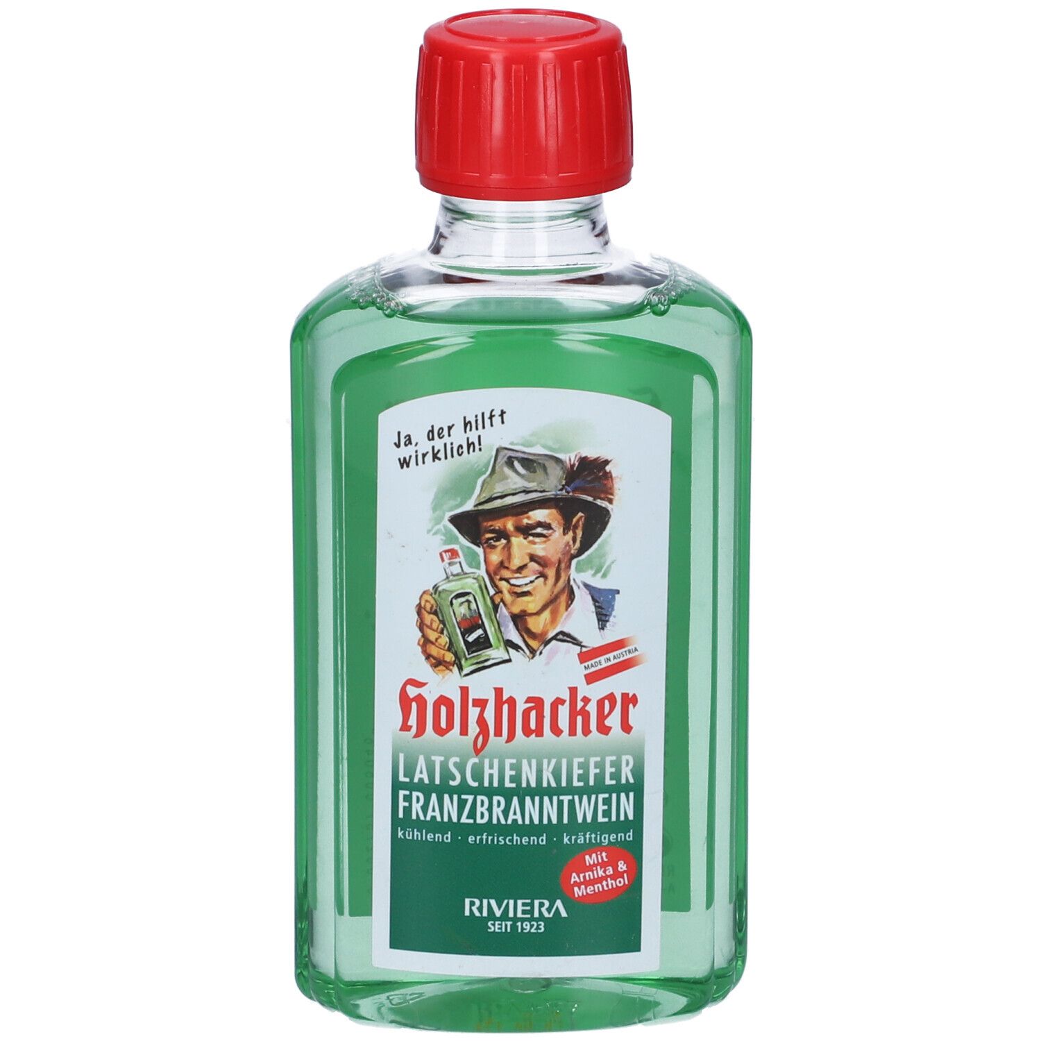 Liquido verde in bottiglia con tappo rosso. L'etichetta mostra un uomo con un cappello. Testo: Holzhacker, Riviera.