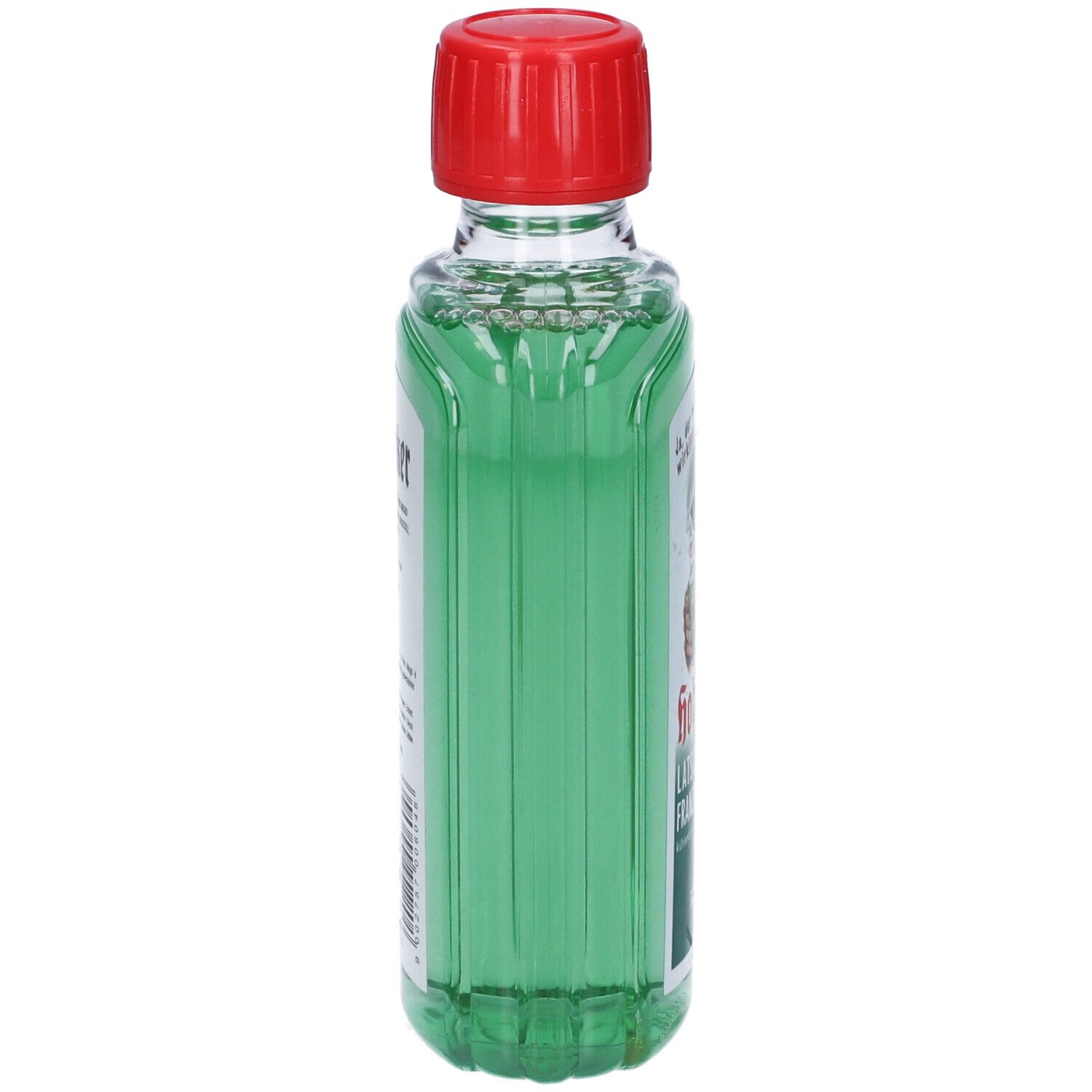 Liquido verde in bottiglia con tappo rosso. L'etichetta mostra un uomo con un cappello. Testo: Holzhacker, Riviera.