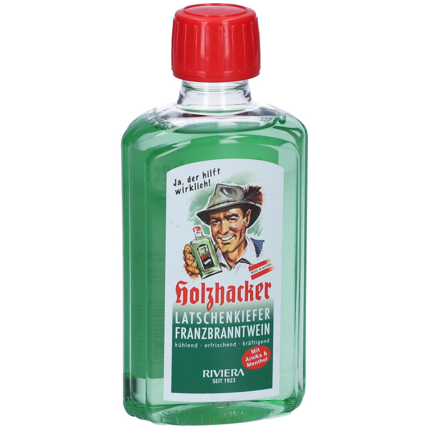 Liquido verde in bottiglia con tappo rosso. L'etichetta mostra un uomo con un cappello. Testo: Holzhacker, Riviera.