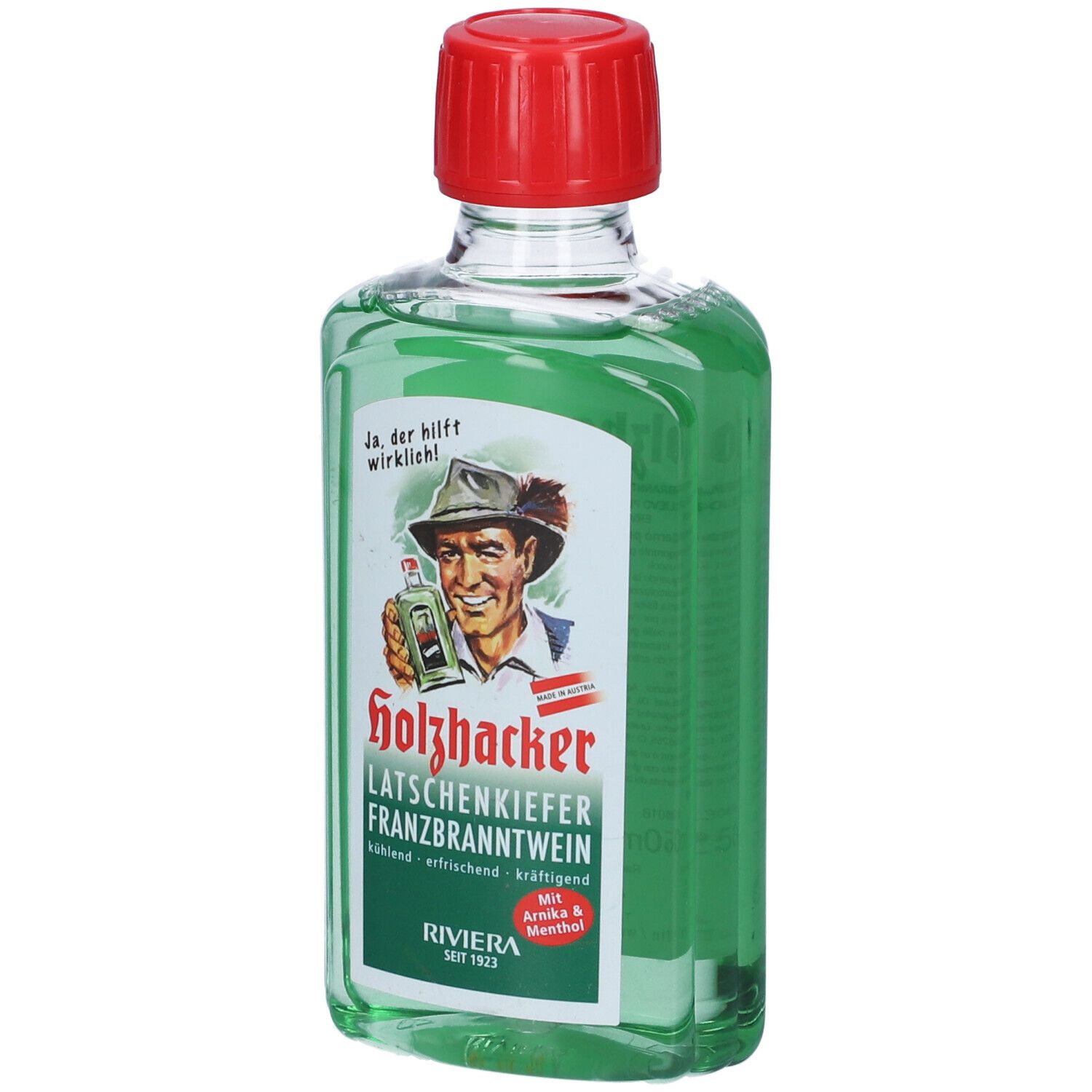 Liquido verde in bottiglia con tappo rosso. L'etichetta mostra un uomo con un cappello. Testo: Holzhacker, Riviera.