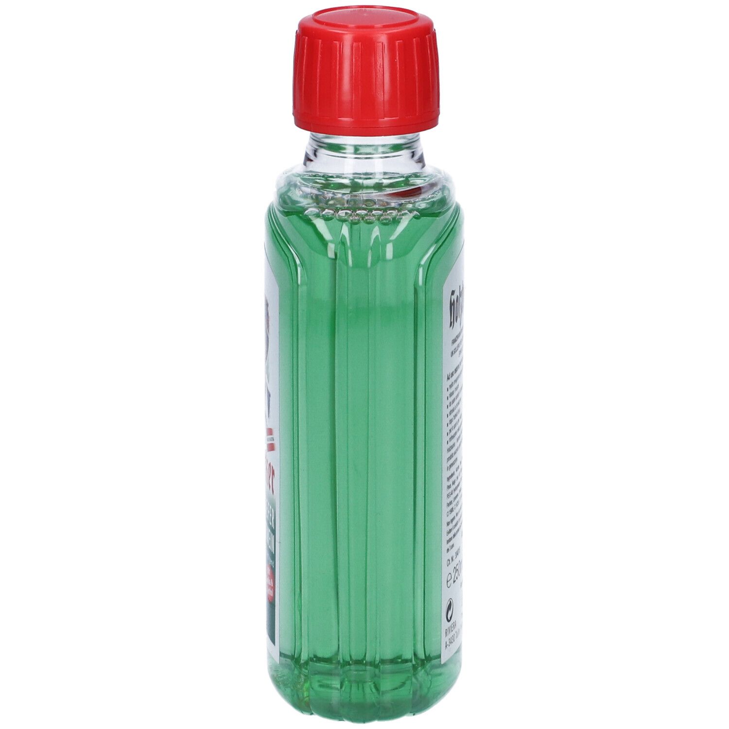 Vista posteriore di un liquido verde in una bottiglia con tappo rosso. Testo sull'etichetta.