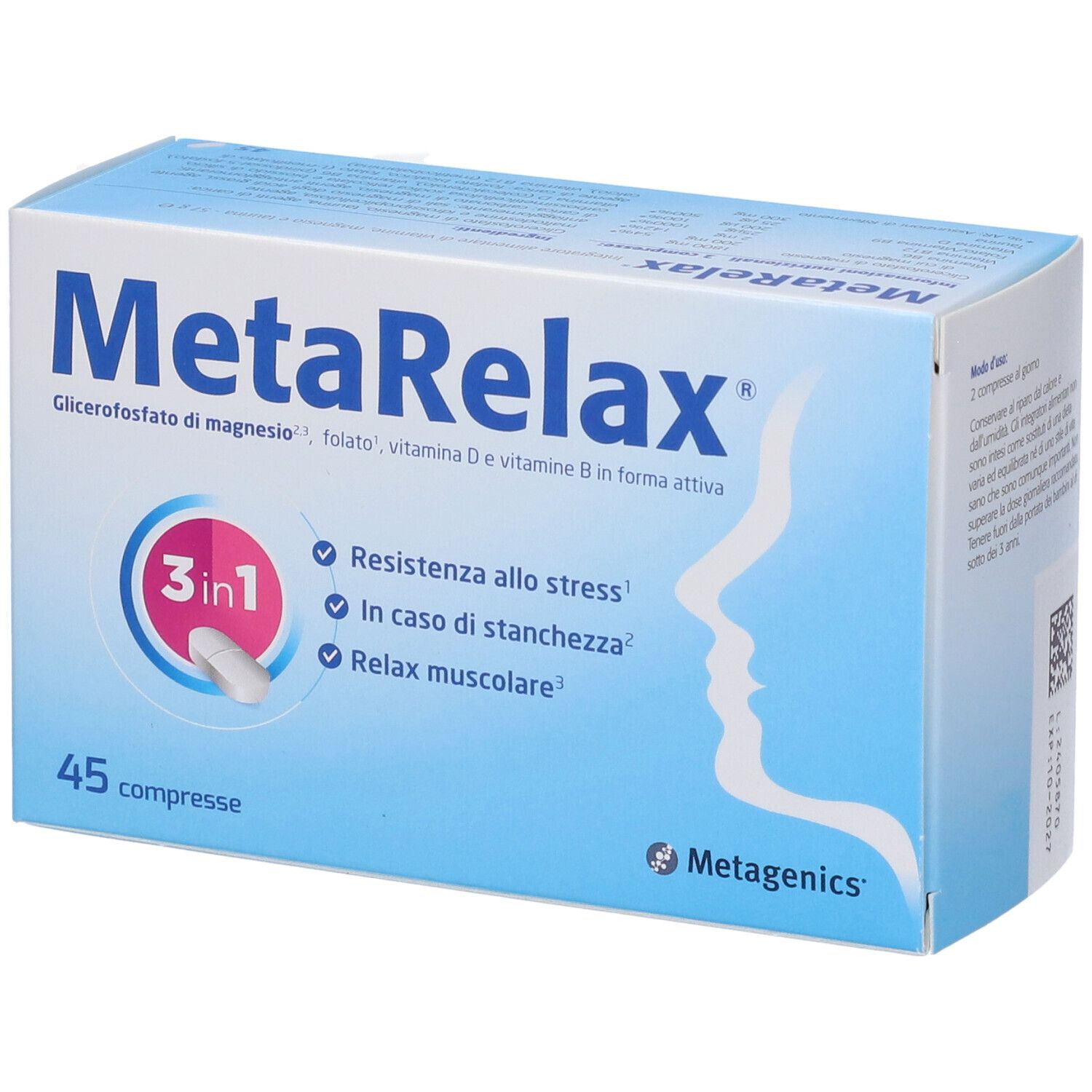MetaRelax®-Verpackung. Blaue Schachtel mit Produktnamen und Inhaltsstoffen. 45 Tabletten. Metagenics-Logo.