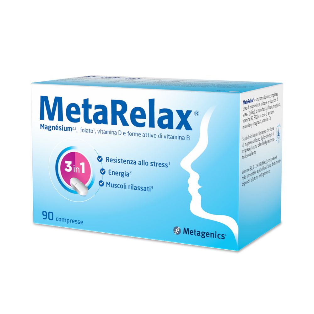 Confezione MetaRelax da 90 compresse. Scatola blu con nome del prodotto e profilo. Contiene informazioni su ingredienti e benefici.