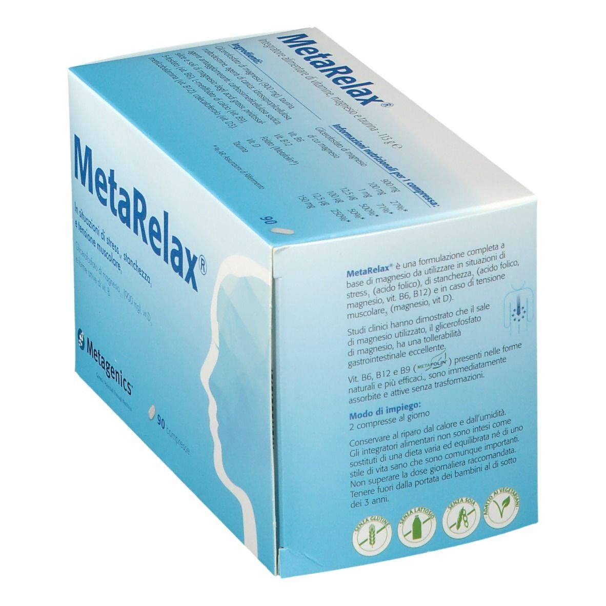 Confezione MetaRelax vista in prospettiva. Scatola blu con nome del prodotto e profilo. Contiene informazioni su ingredienti e utilizzo.
