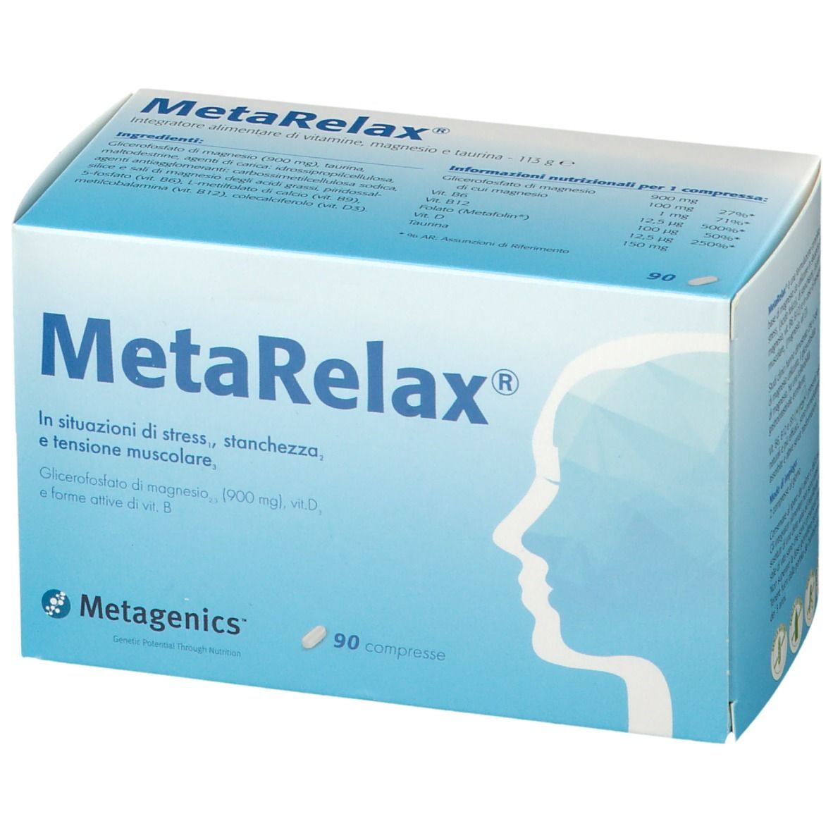 Confezione MetaRelax da 90 compresse. Scatola blu con nome del prodotto e profilo. Contiene informazioni su ingredienti e valori nutrizionali.
