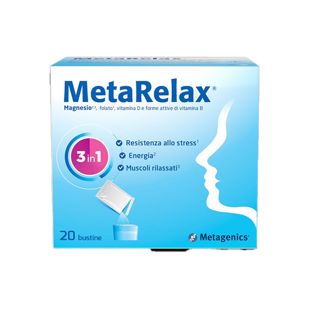 Scatola blu e bianca MetaRelax. Contiene 20 bustine. Scritto: Magnesio, Folato, Vitamina D e forme attive di vitamina B.