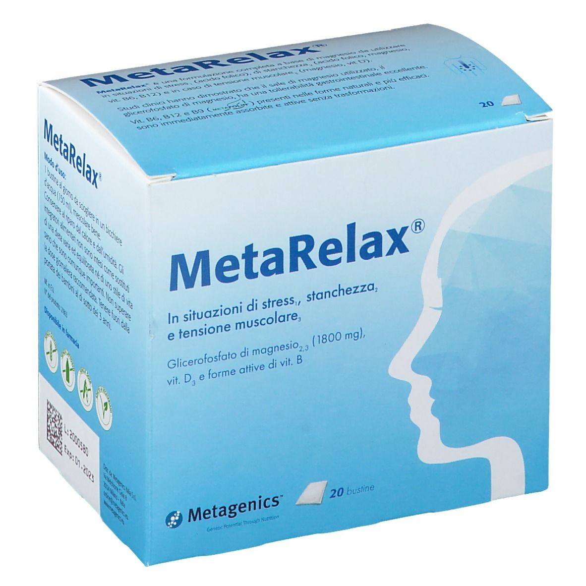 Scatola blu e bianca MetaRelax. Contiene 20 bustine. Scritto: In situazioni di stress, stanchezza, e tensione muscolare.
