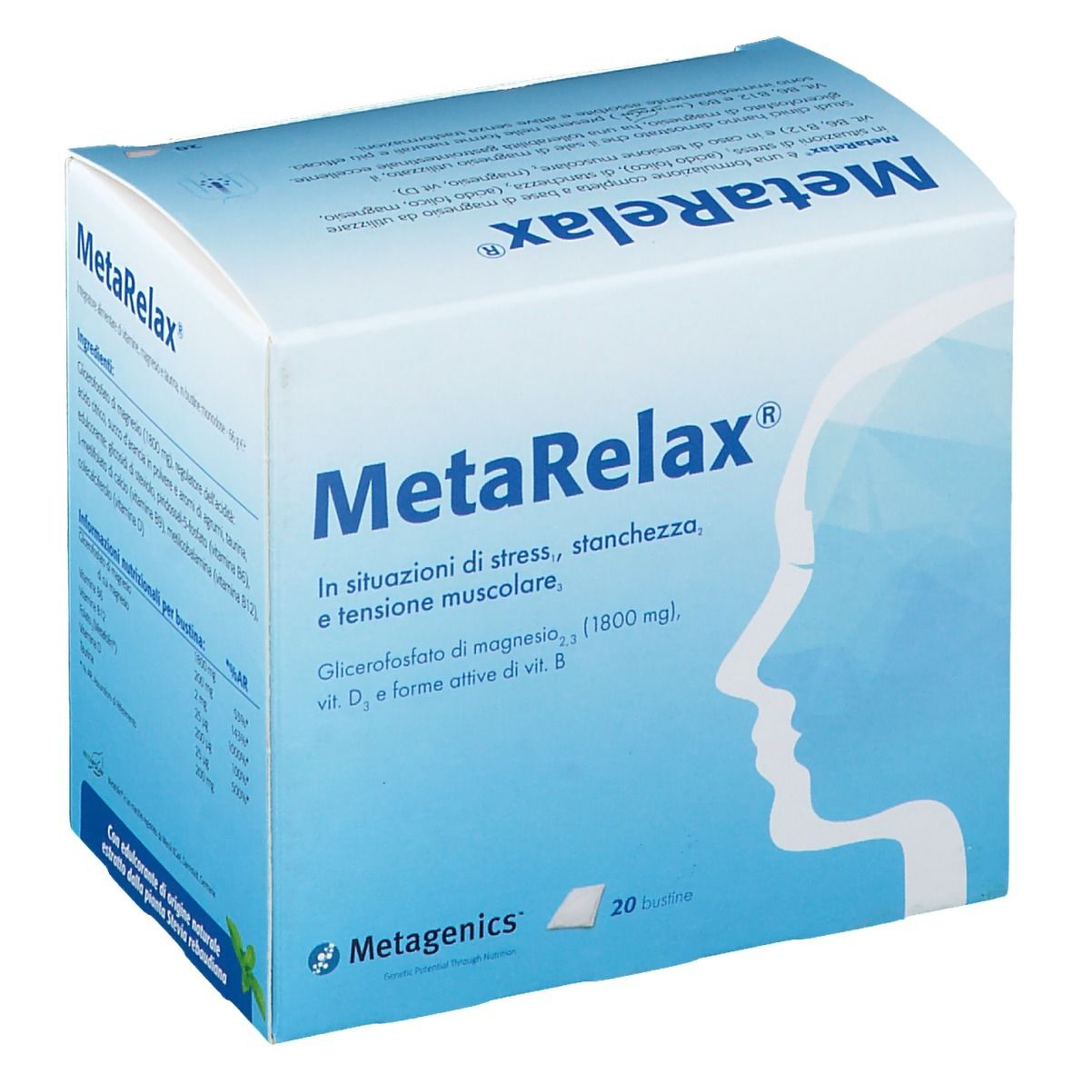 Scatola blu e bianca MetaRelax. Contiene 20 bustine. Scritto: In situazioni di stress, stanchezza, e tensione muscolare.