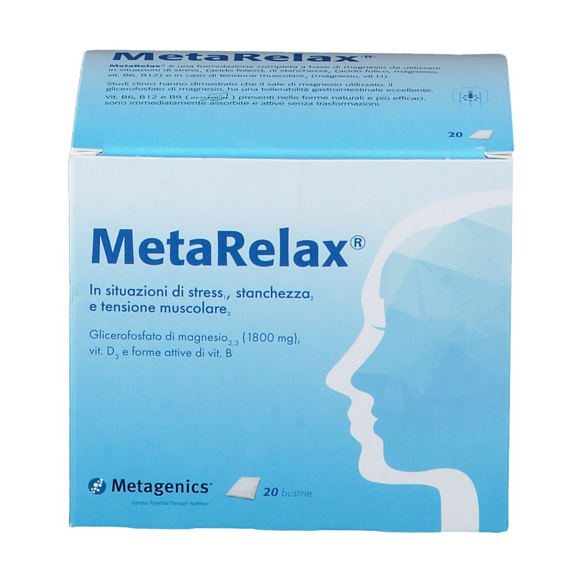 Scatola blu e bianca MetaRelax. Contiene 20 bustine. Scritto: In situazioni di stress, stanchezza, e tensione muscolare.