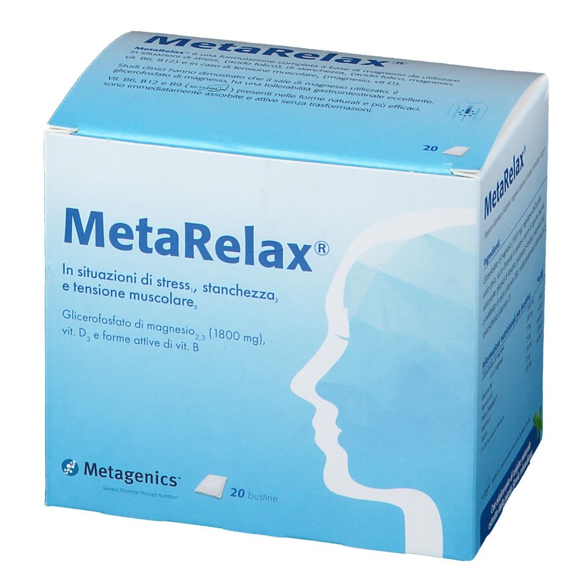 Scatola blu e bianca MetaRelax. Contiene 20 bustine. Scritto: In situazioni di stress, stanchezza, e tensione muscolare.