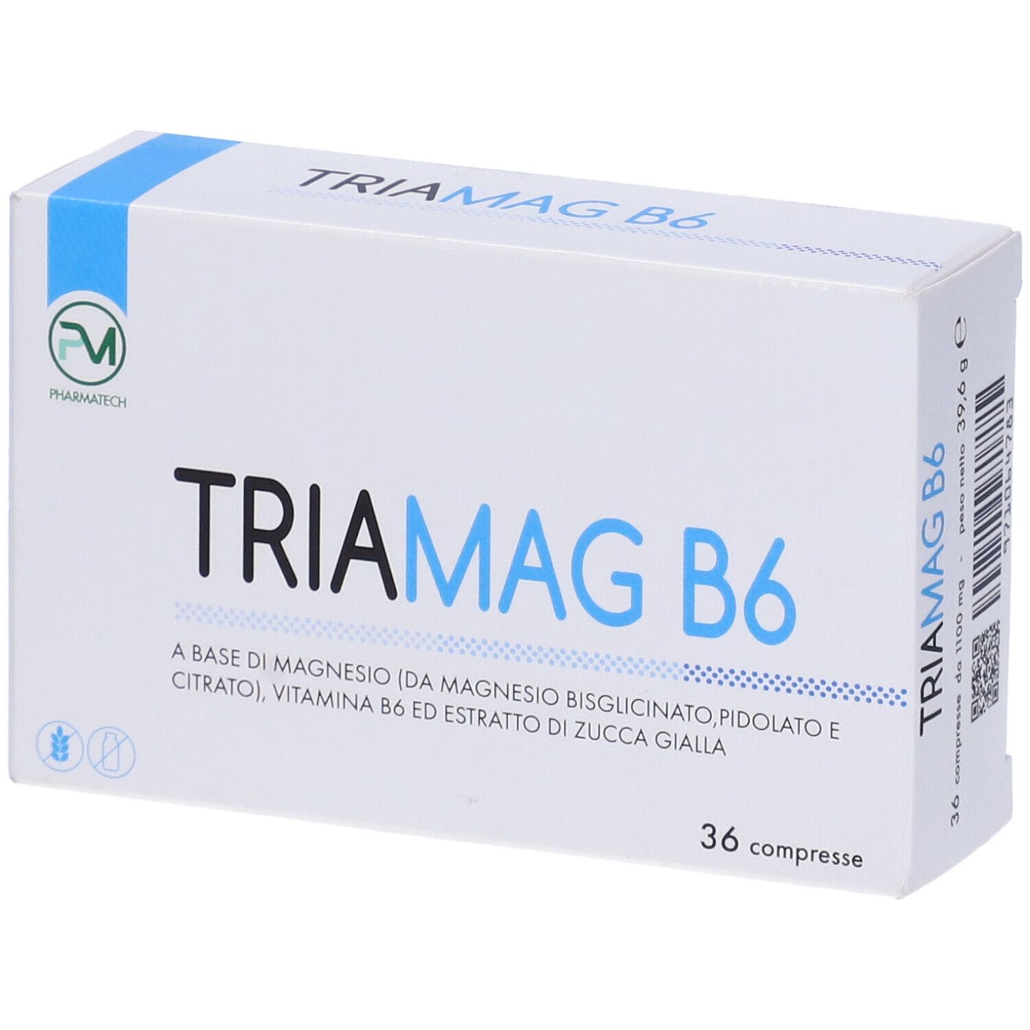 Scatola bianca e blu. Scritta TRIAMAG B6. Contiene 36 compresse. Informazioni sugli ingredienti.