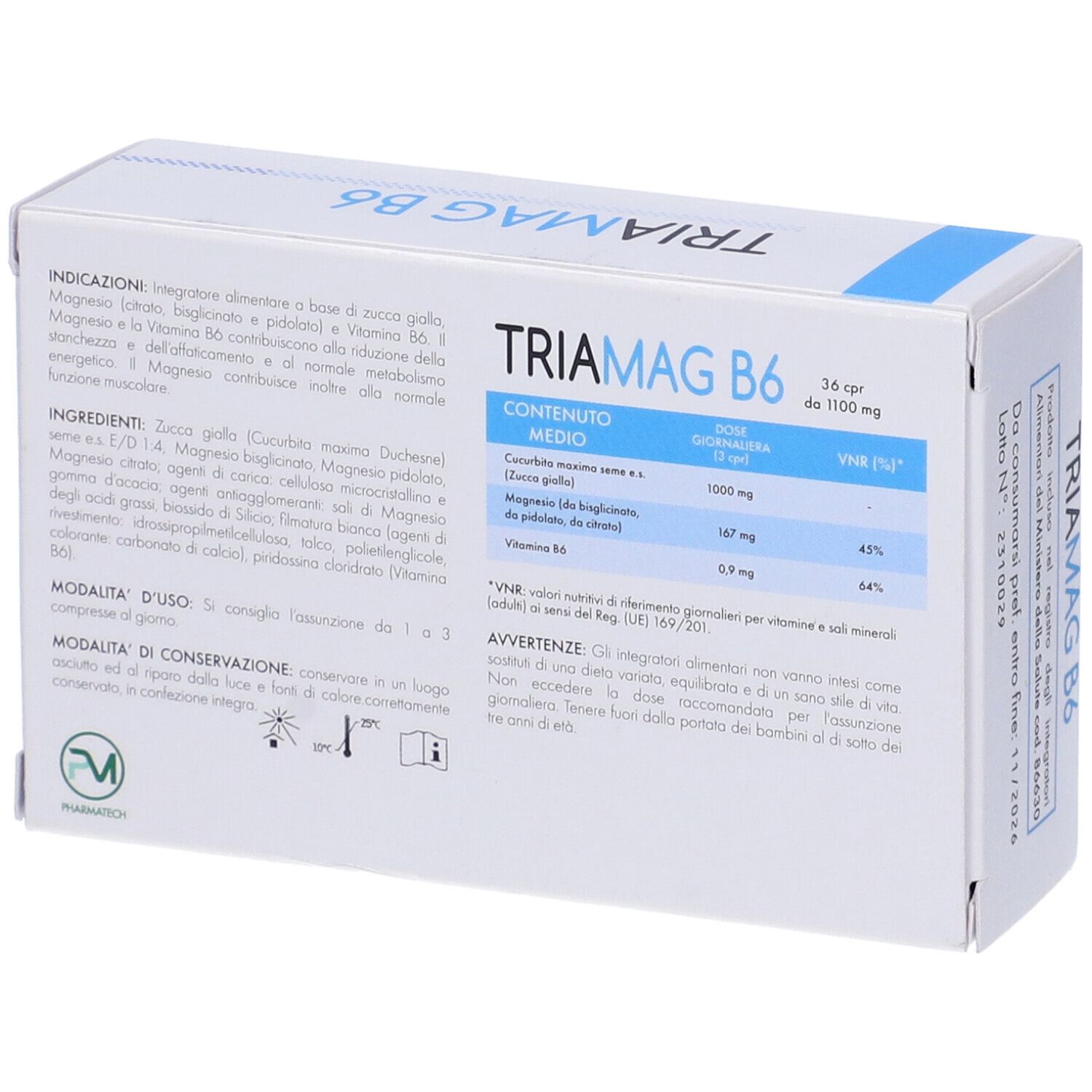 Retro della confezione TRIAMAG B6. Contiene informazioni sugli ingredienti e l'uso. 36 compresse.
