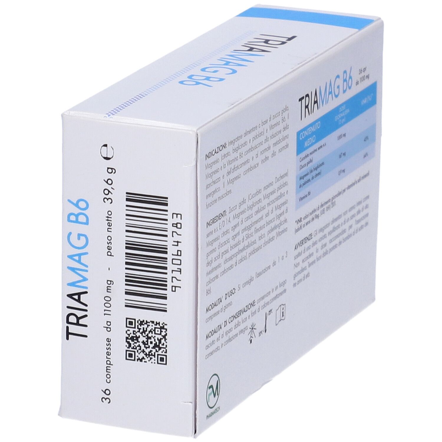 Confezione TRIAMAG B6, bianca e blu. Contiene 36 compresse. Vista laterale con informazioni e QR code.
