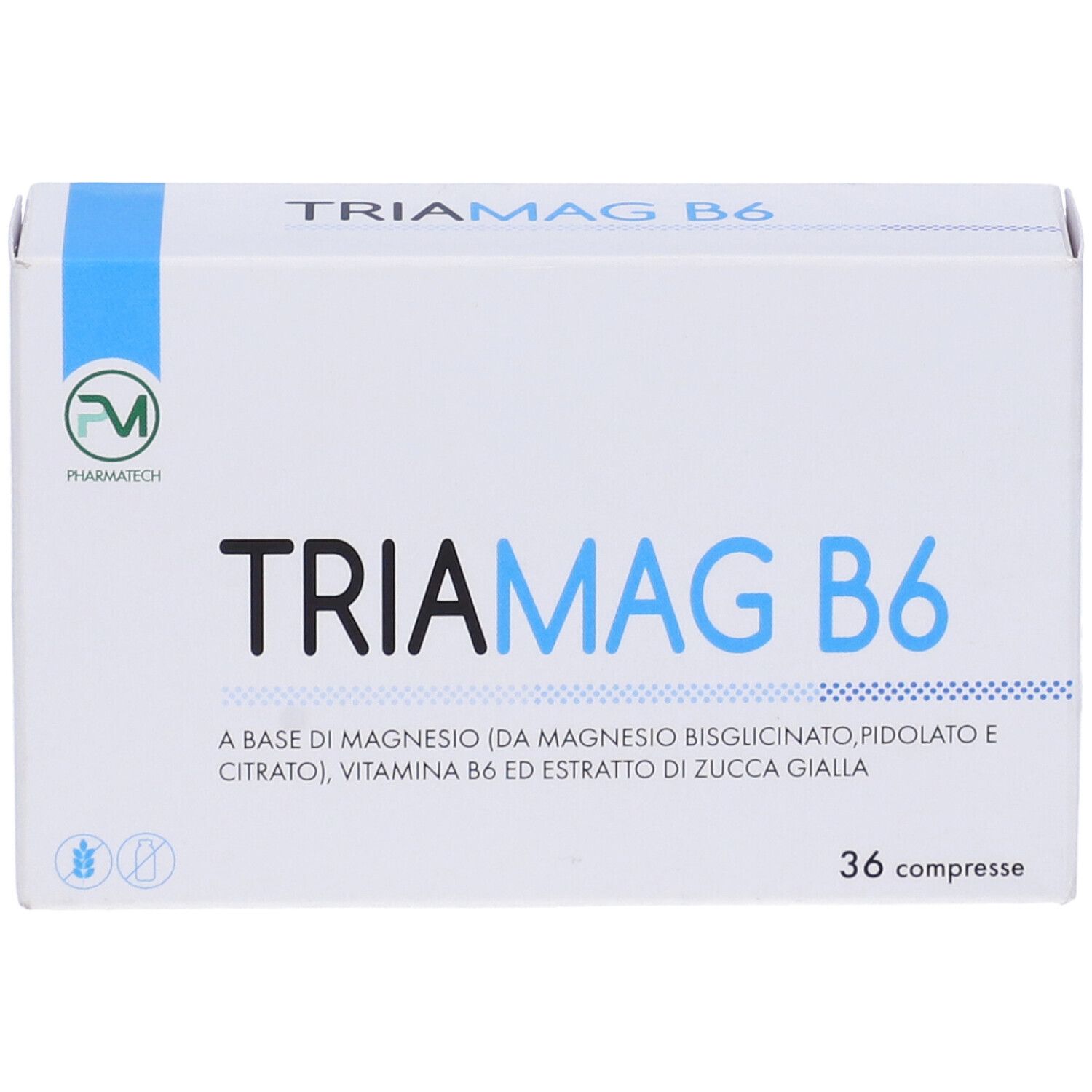 Scatola bianca con accenti blu. Scritta TRIAMAG B6. Contiene 36 compresse. Informazioni sul prodotto.