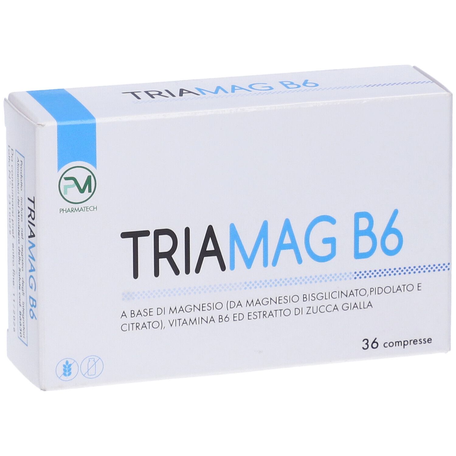 Scatola bianca con accenti blu. Scritta TRIAMAG B6. Contiene 36 compresse. Informazioni sul prodotto.