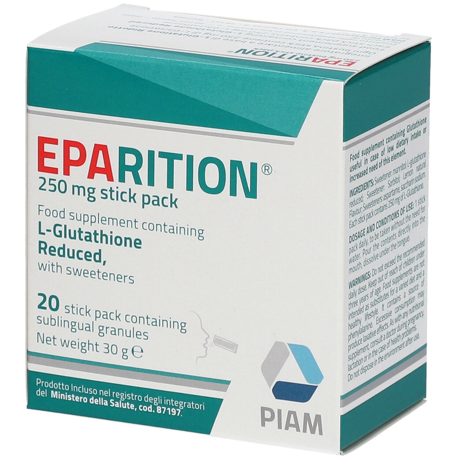 Scatola "Eparition®", 250 mg, 20 bustine. Contiene L-Glutatione. Logo PIAM.