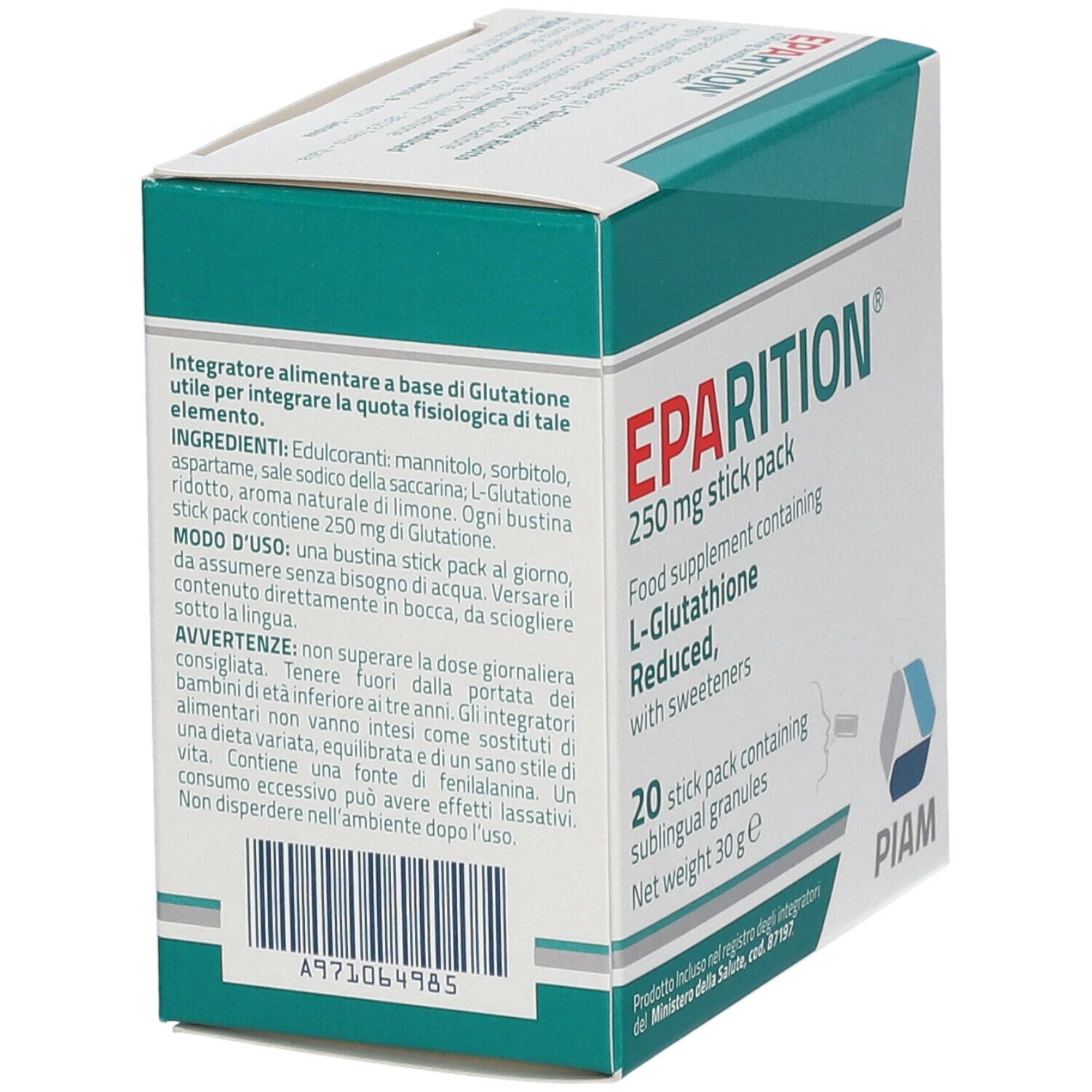 Scatola "Eparition®", 250 mg, 20 bustine. Contiene L-Glutatione. Logo PIAM.