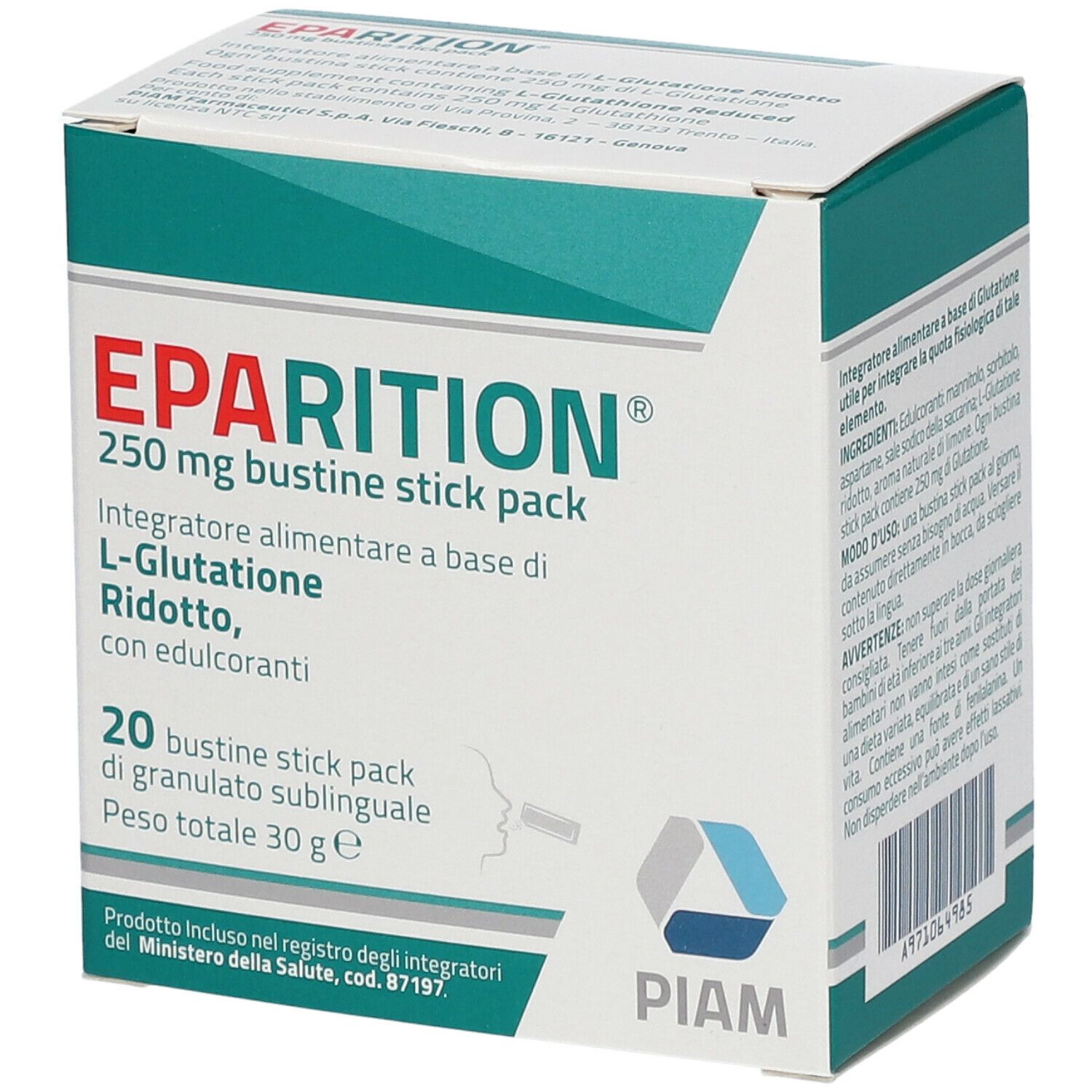 Scatola "Eparition®", 250 mg, 20 bustine. Contiene L-Glutatione. Logo PIAM.