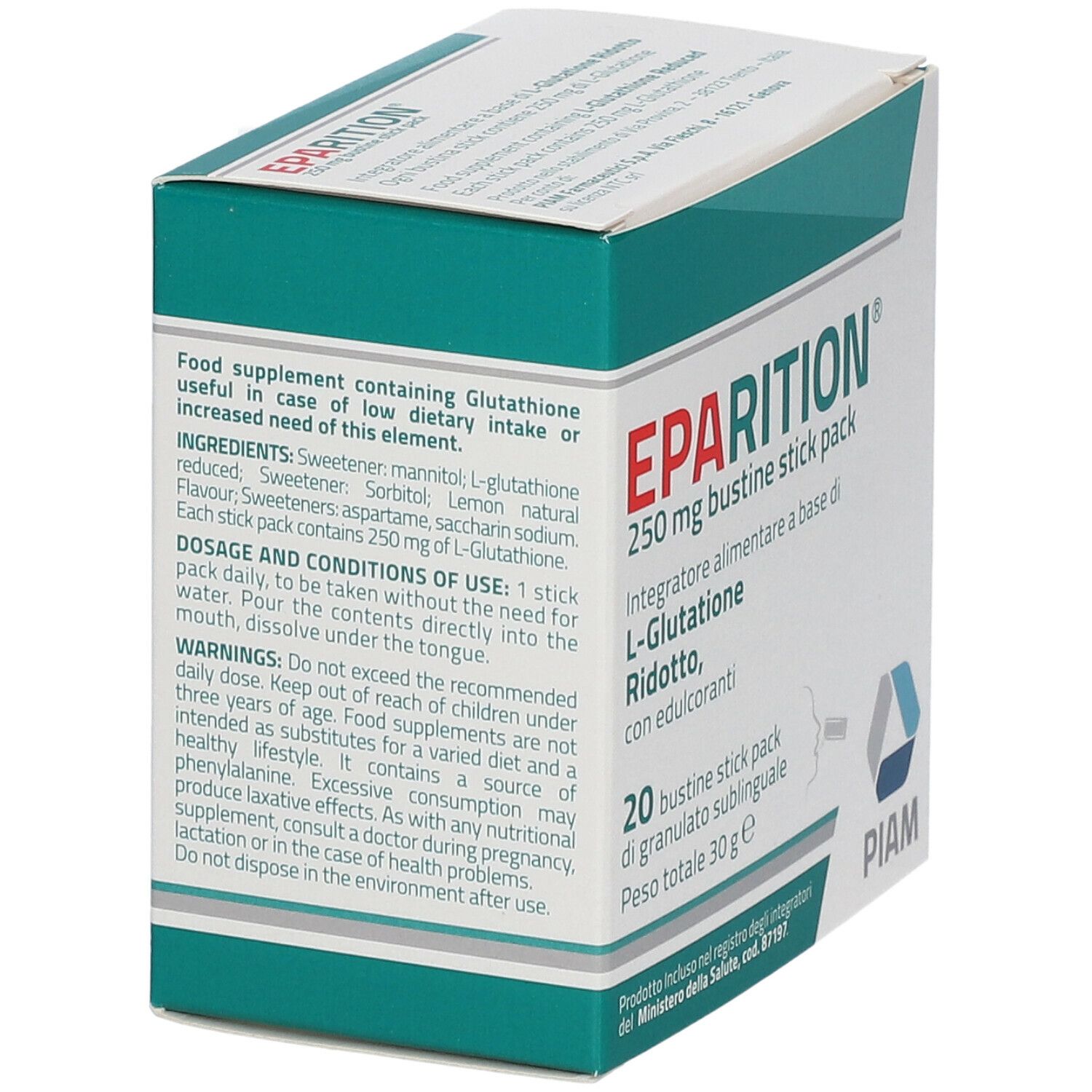 Scatola "Eparition®", 250 mg, 20 bustine. Contiene L-Glutatione. Logo PIAM.