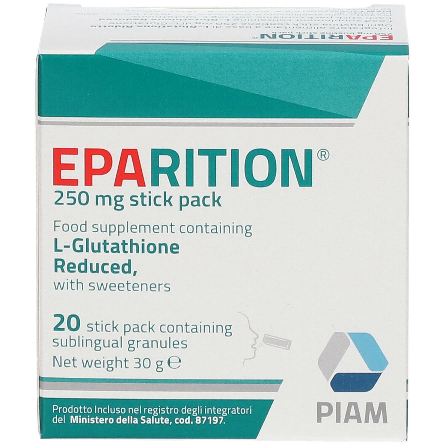 Scatola "Eparition®", 250 mg, 20 bustine. Contiene L-Glutatione. Logo PIAM.