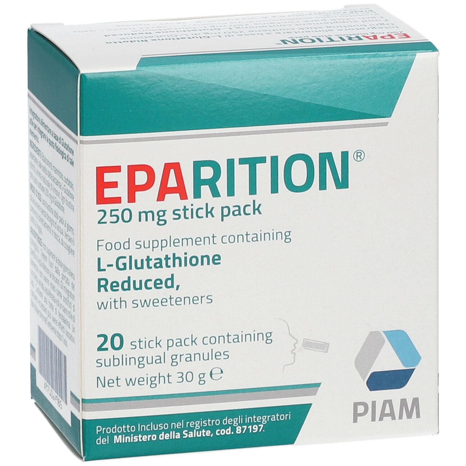 Scatola "Eparition®", 250 mg, 20 bustine. Contiene L-Glutatione. Logo PIAM.