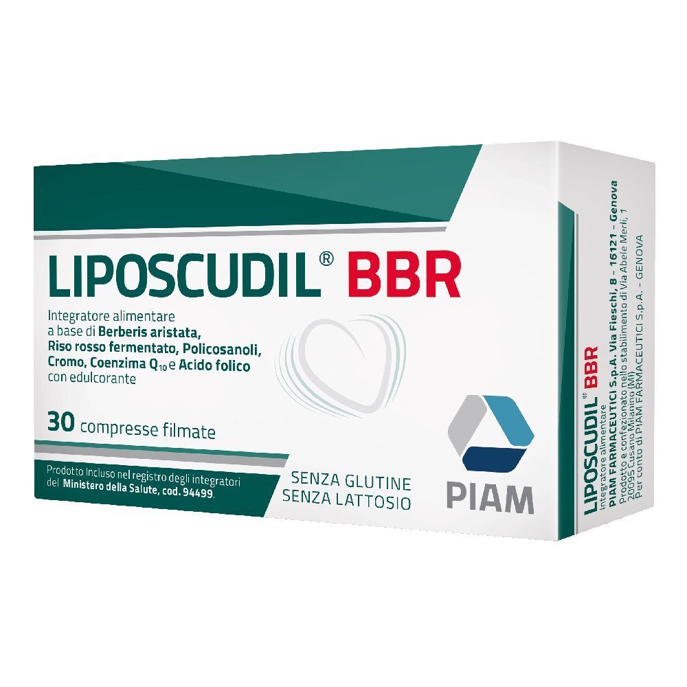 Confezione di Liposcudil® BBR. Scatola bianca con dettagli verdi e rossi. Contiene 30 compresse rivestite.