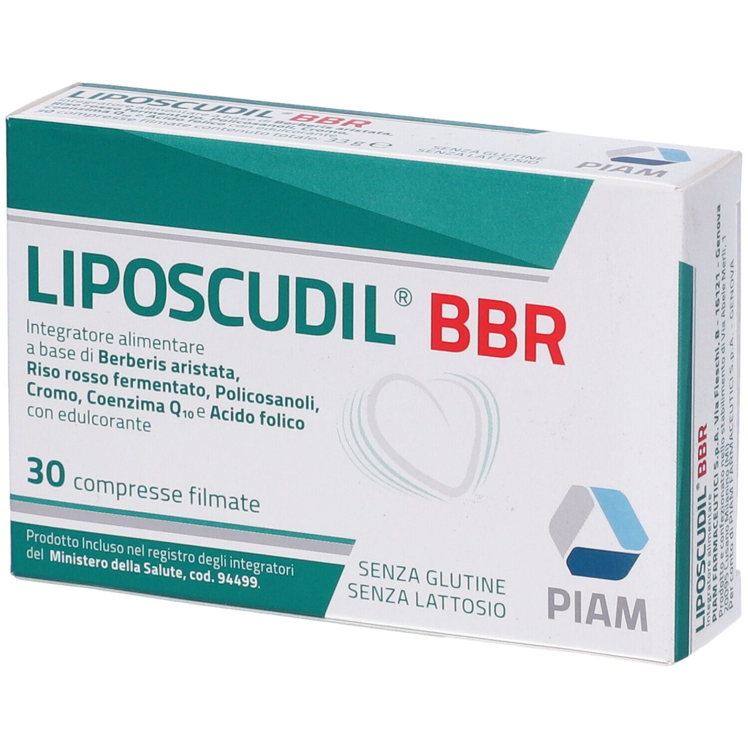 Confezione di Liposcudil® BBR. Scatola bianca con dettagli verdi e rossi. 30 compresse rivestite.