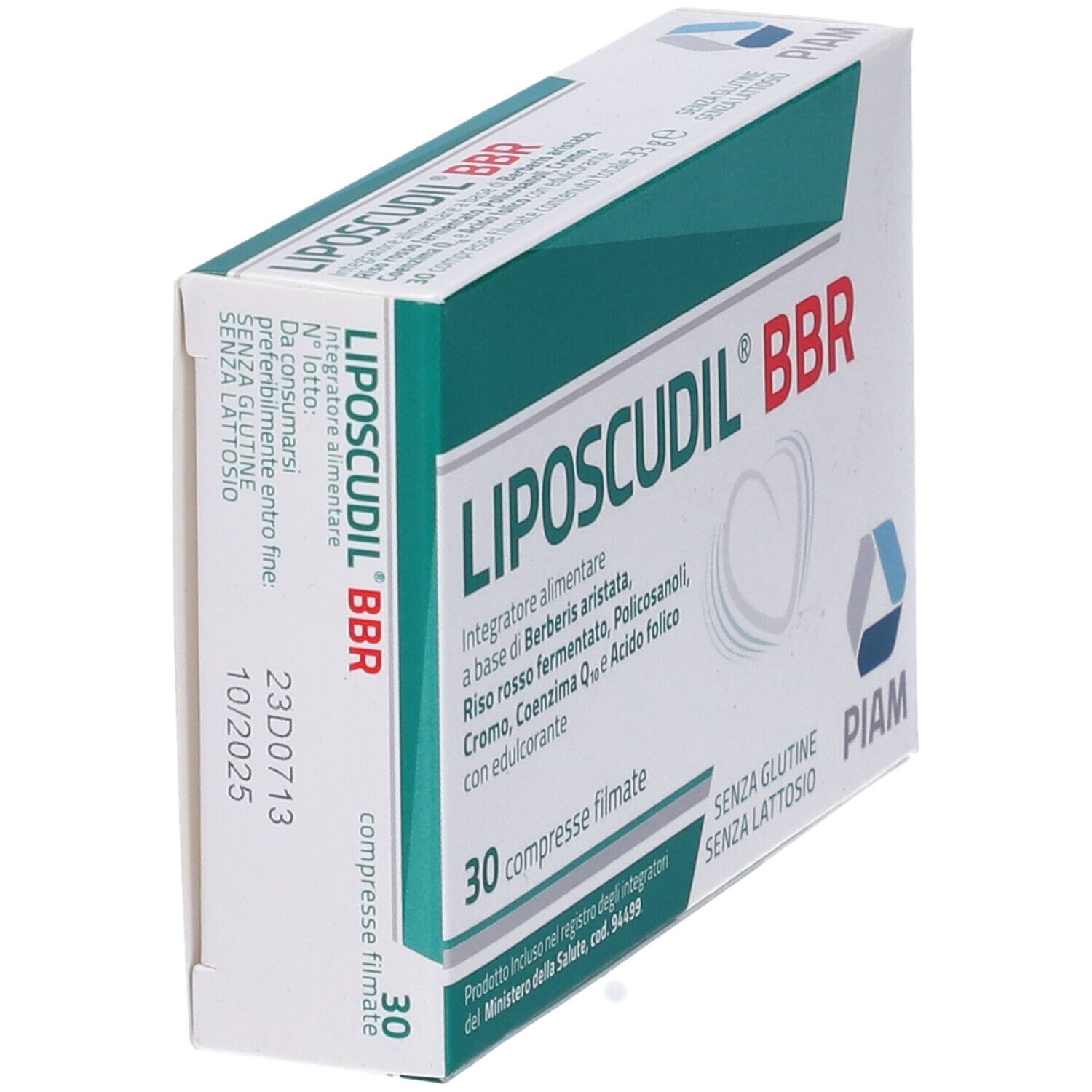 Confezione Liposcudil® BBR. Scatola bianca con dettagli verdi e rossi. 30 compresse rivestite. Scadenza 10/2025.