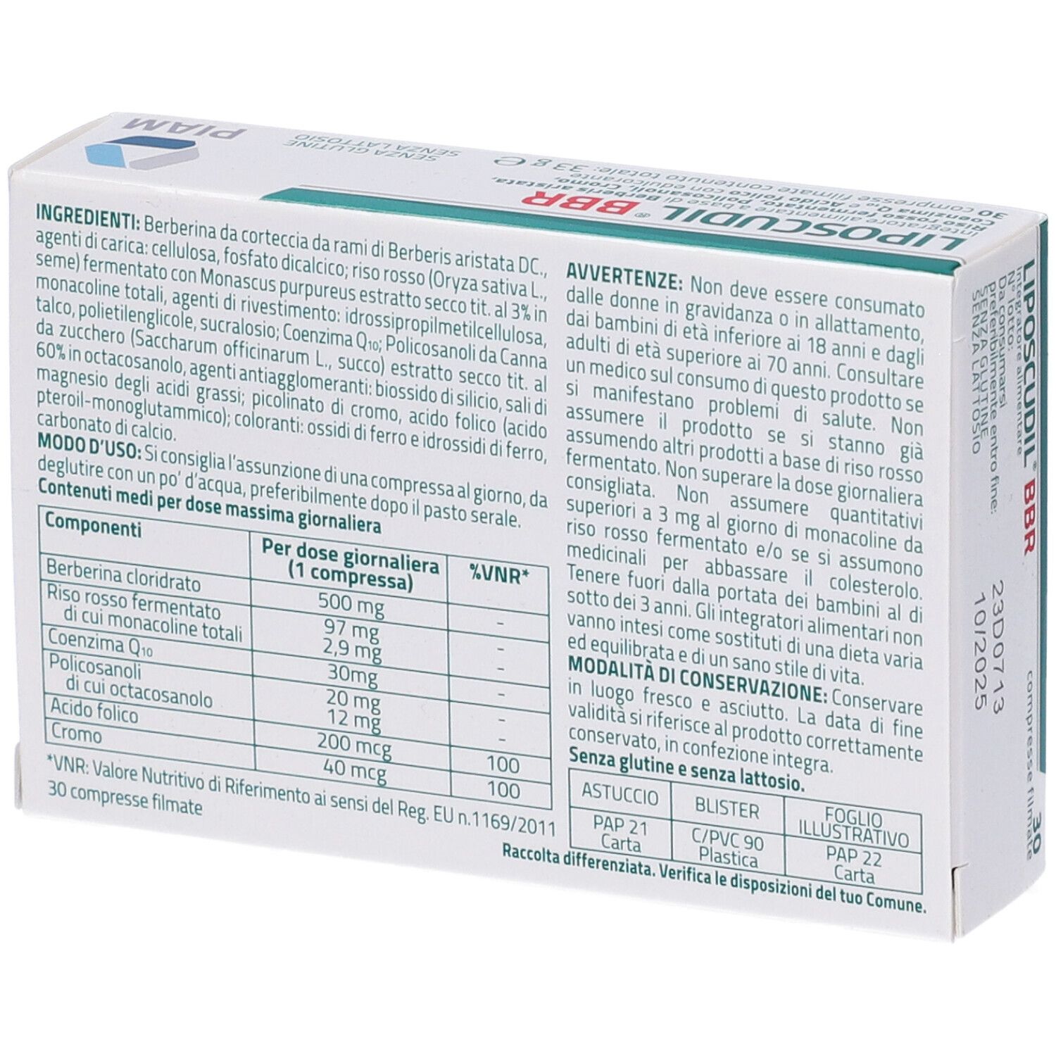 Retro della confezione Liposcudil® BBR. Contiene ingredienti, istruzioni per l'uso e avvertenze.