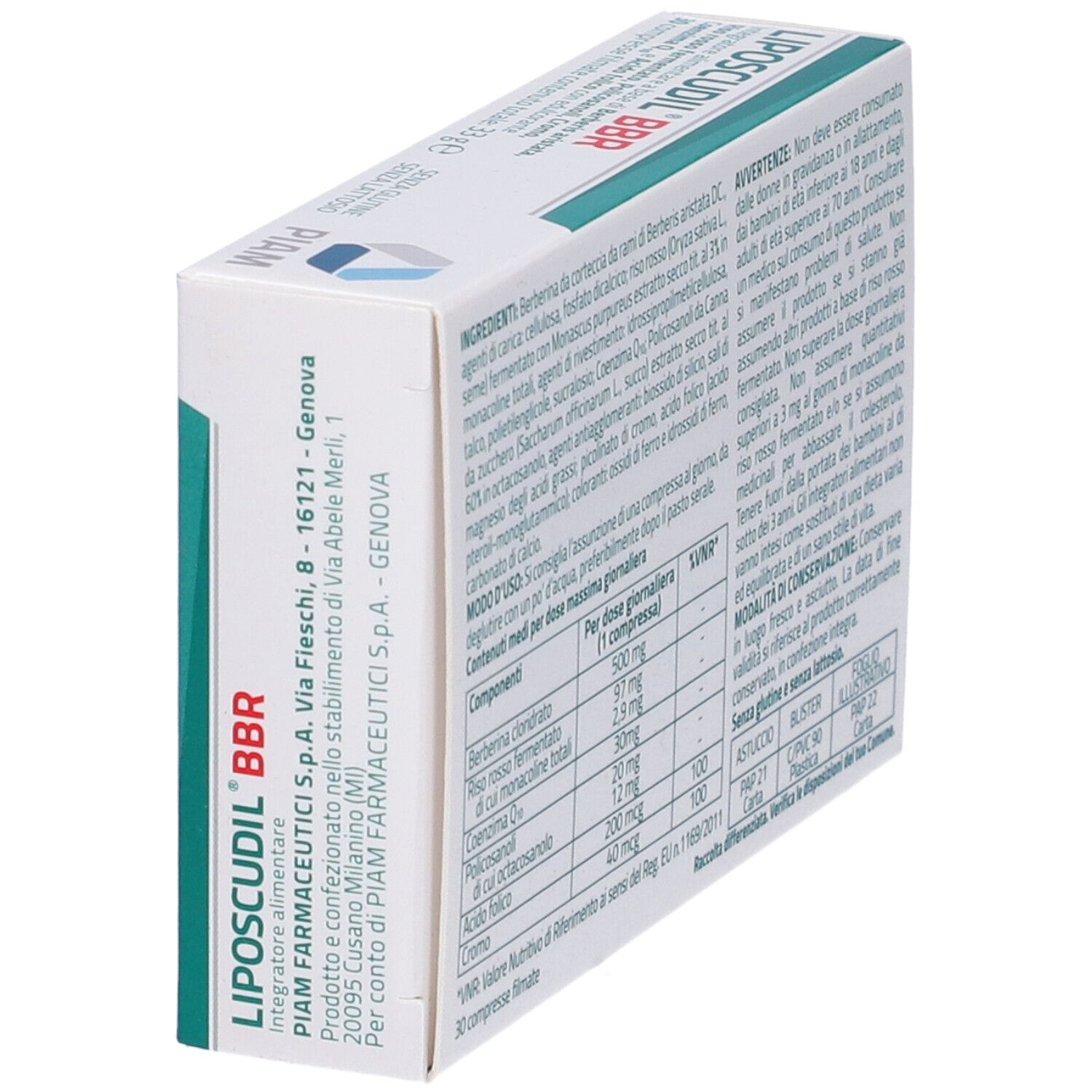 Vista laterale della confezione Liposcudil® BBR. Contiene informazioni sul produttore e ingredienti.
