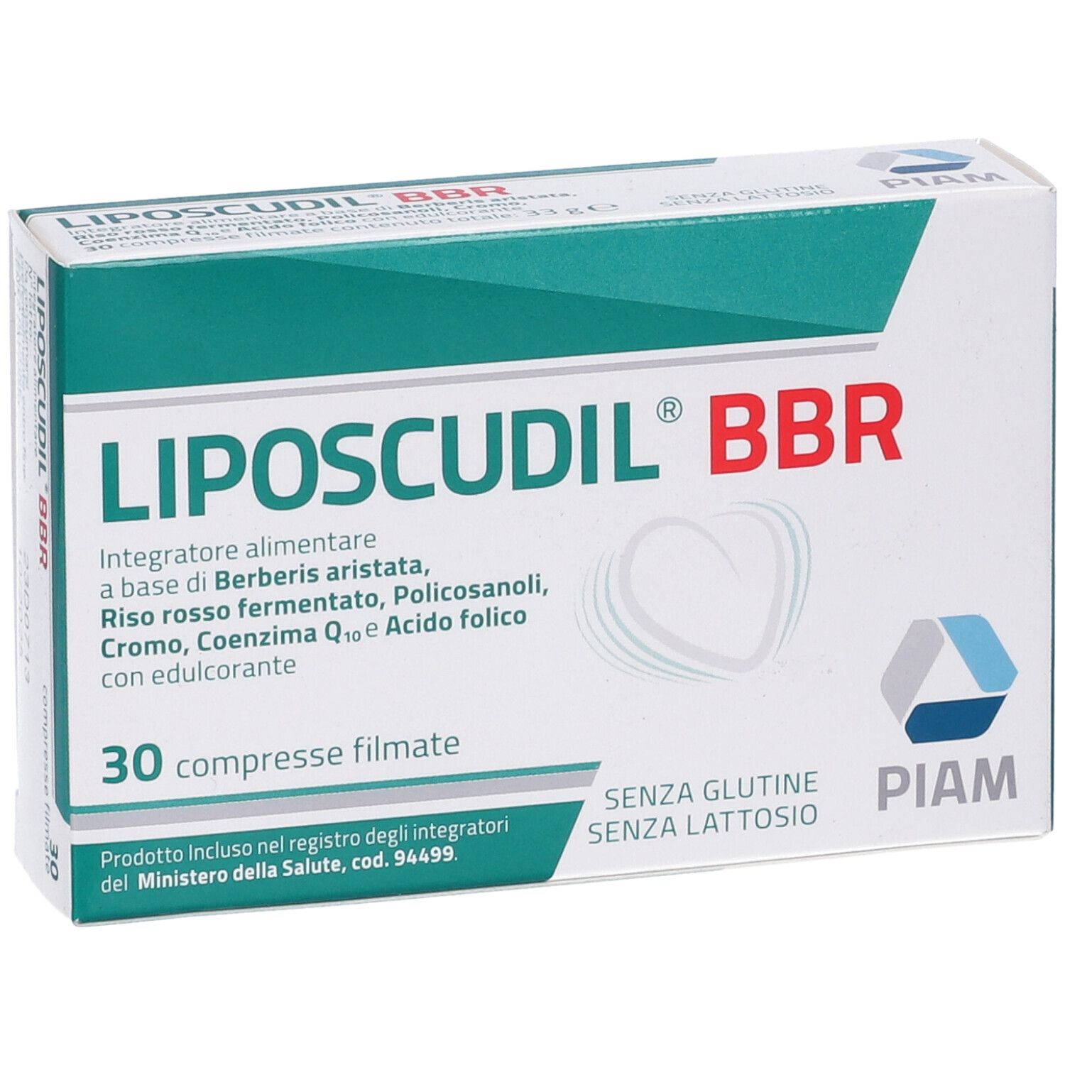 Confezione di Liposcudil® BBR. Scatola bianca con dettagli verdi e rossi. 30 compresse rivestite.