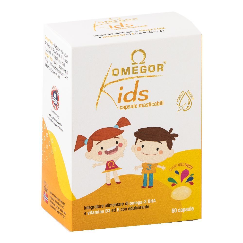 Scatola bianca e arancione con logo OMEGOR Kids e illustrazioni di bambini. 60 capsule.