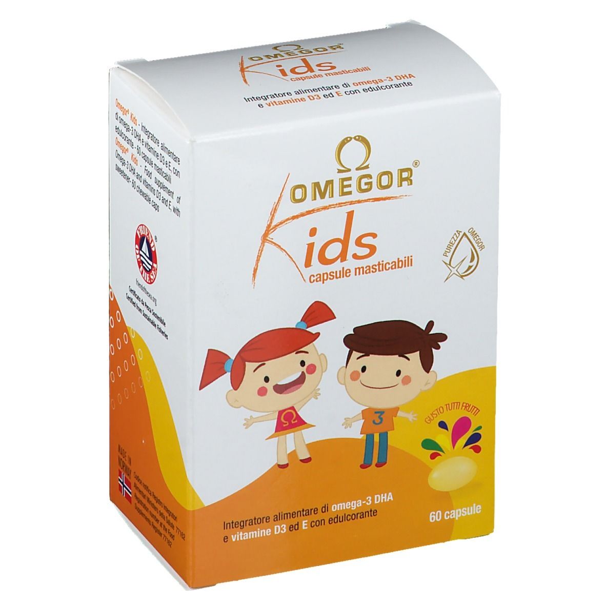 Scatola bianca e arancione con logo OMEGOR Kids e illustrazioni di bambini. 60 capsule.