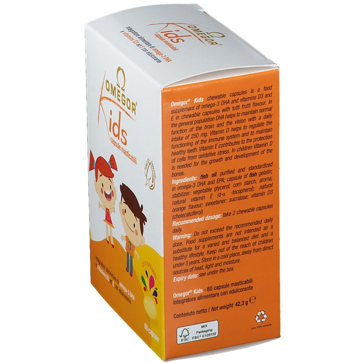 Retro della confezione OMEGOR Kids. Testo in italiano, ingredienti e informazioni nutrizionali.