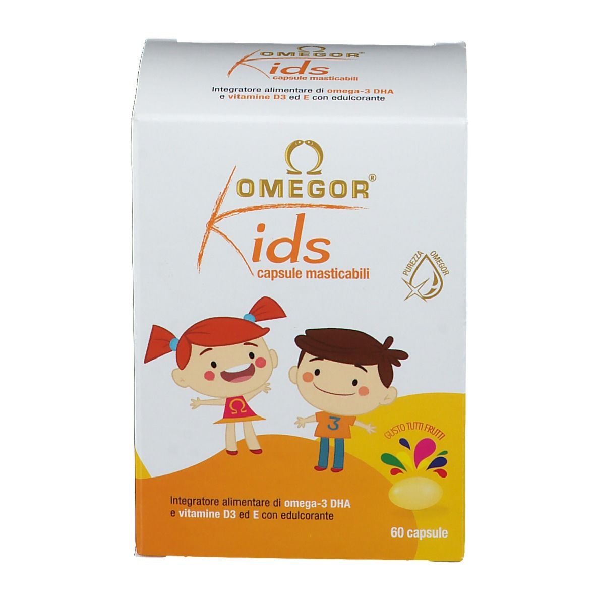 Scatola bianca e arancione con logo OMEGOR Kids e illustrazioni di bambini. 60 capsule.