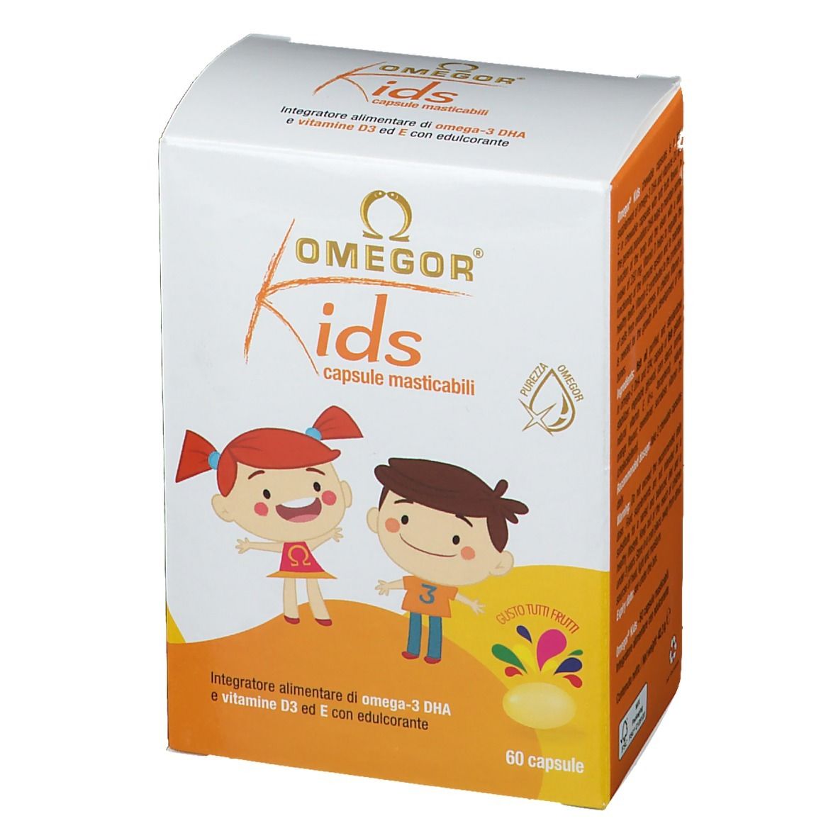 Scatola bianca e arancione con logo OMEGOR Kids e illustrazioni di bambini. 60 capsule.