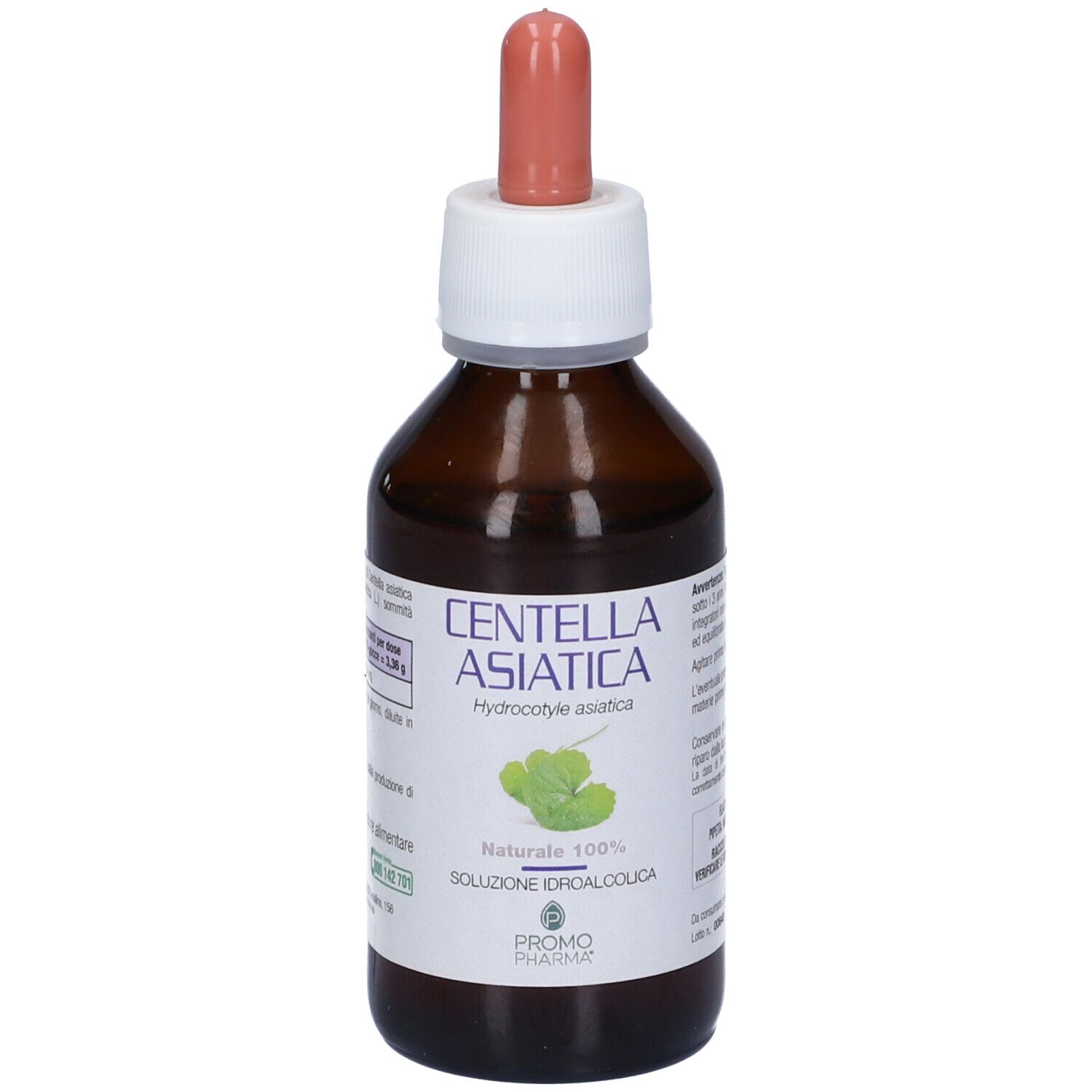 Flacone di vetro marrone con contagocce. Scritta: Centella Asiatica, Hydrocotyle asiatica, Soluzione Idroalcolica.