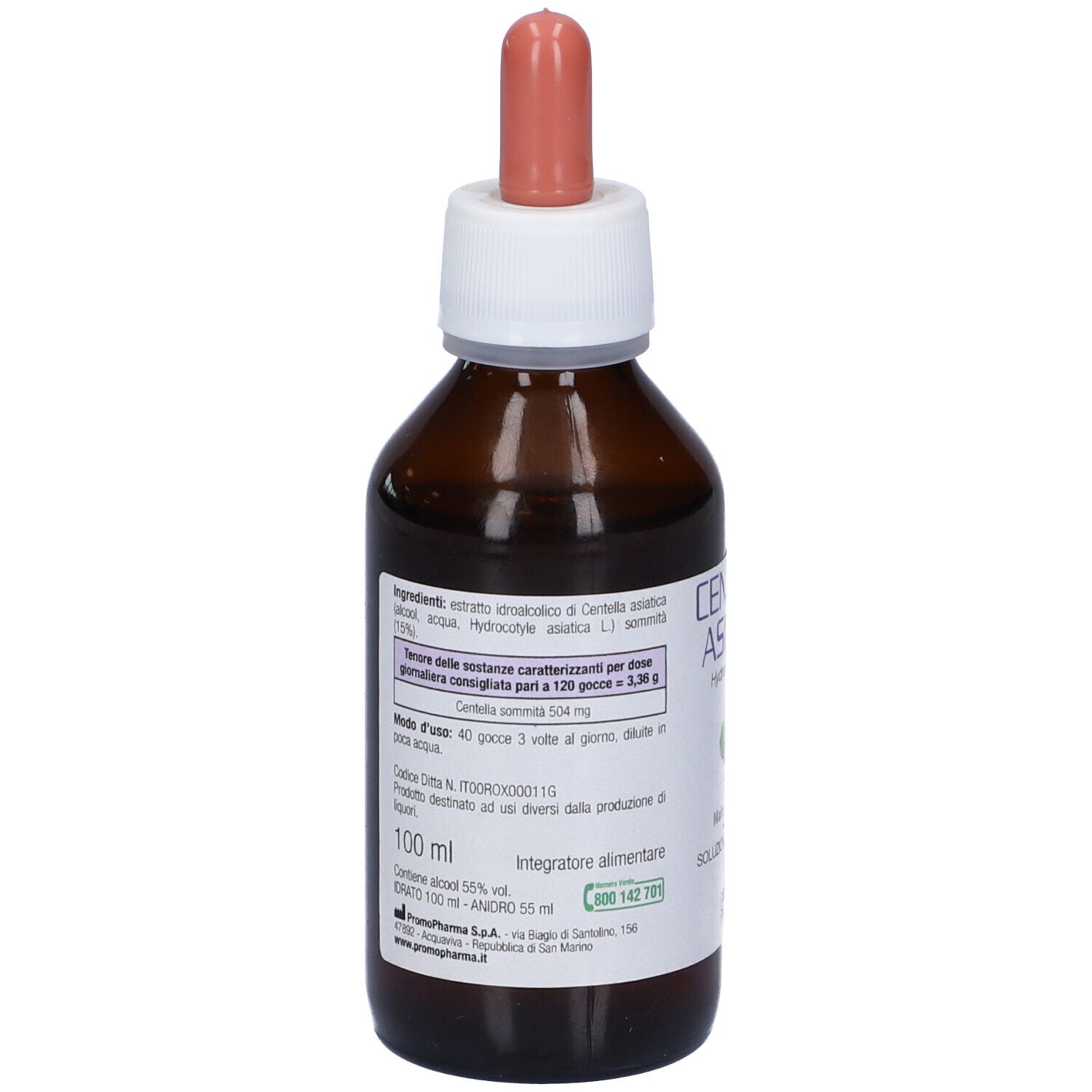 Flacone di vetro marrone con contagocce. Etichetta con testo e 100 ml. Contiene 55% alcol. Integratore alimentare.