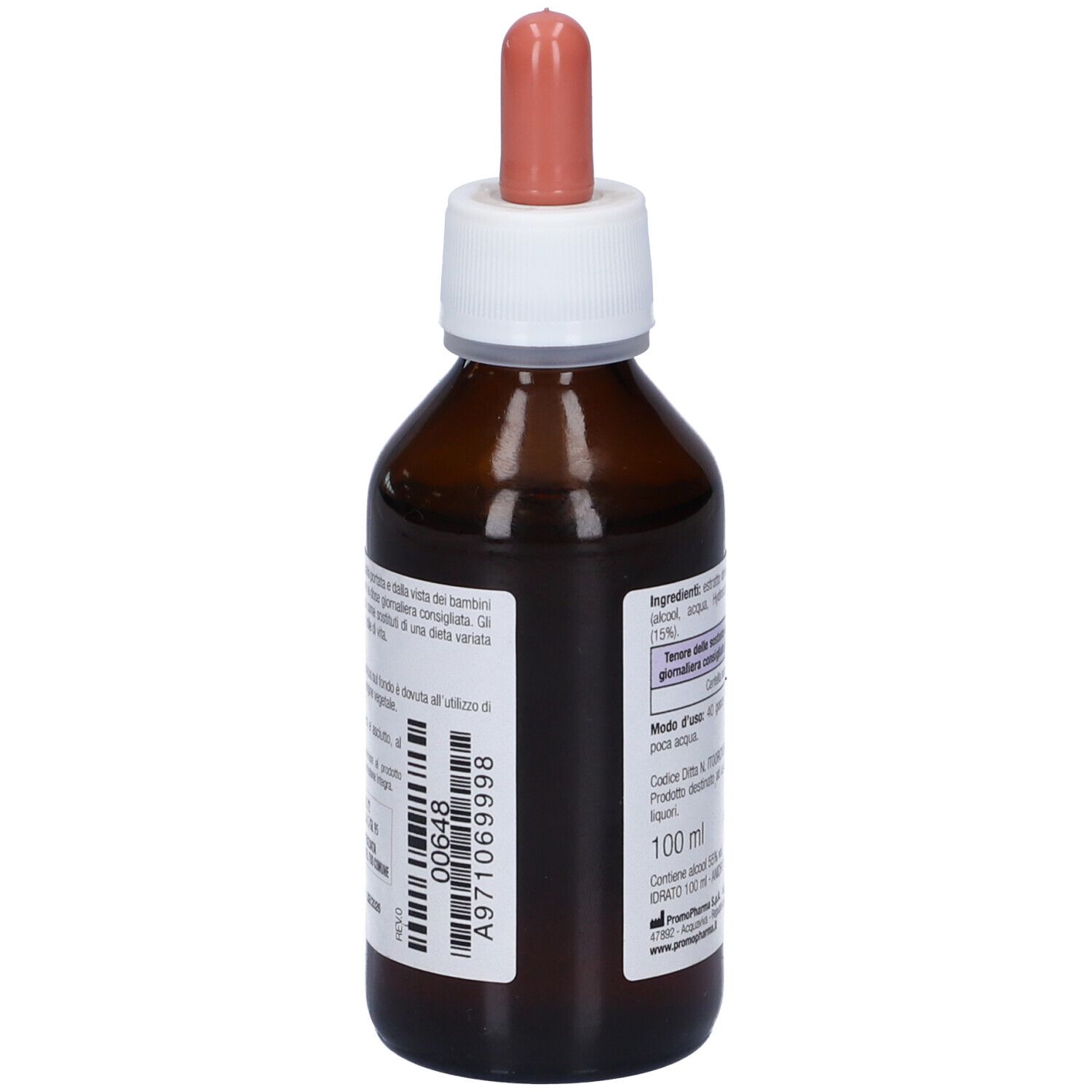 Flacone di vetro marrone con contagocce. Etichetta con testo e codice a barre. 100 ml. Integratore alimentare.